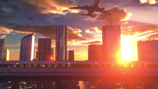 朝阳下的高铁与城市视频素材模板下载