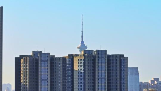 天津市冬季城市风景航拍建筑与天空