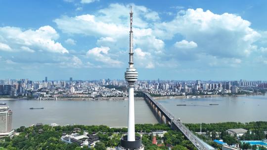 航拍武汉城市地标电视塔与长江大桥江景
