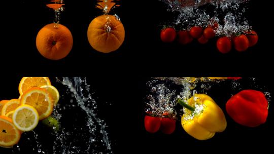 慢镜头多种水果蔬菜掉进入水中写意动态视频