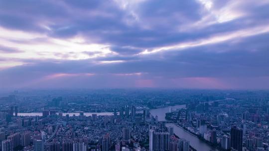 广州珠江城市建筑与夕阳落日晚霞云彩航拍