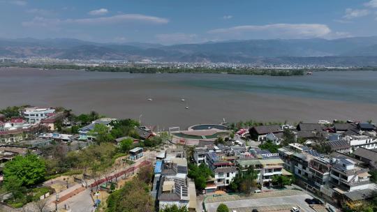 航拍四川凉山西昌邛海公园海月广场商业街