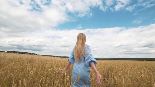 一个穿着蓝色连衣裙的年轻女孩站在田野里，风吹动着她的头发
