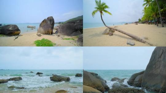 阴天海边沙滩椰树海浪拍打岩石视频素材模板下载