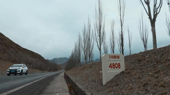 西藏旅游风光318国道公里桩自驾游客枯树