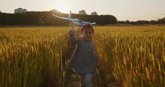 稻田间玩飞机的小女孩