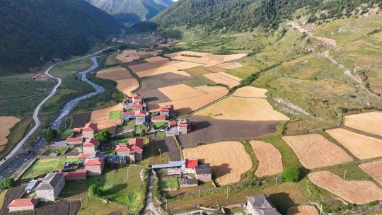 航拍川西高原贡嘎山乡上城子村藏式民居田园视频素材模板下载