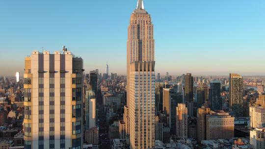 4K城市航拍纽约帝国大厦哈德逊河摩天大楼