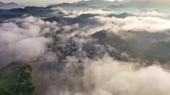 丽水缙云仙都风景区鼎湖峰村庄日出云海航拍