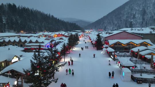 黑龙江雪乡冬季夜景风光航拍