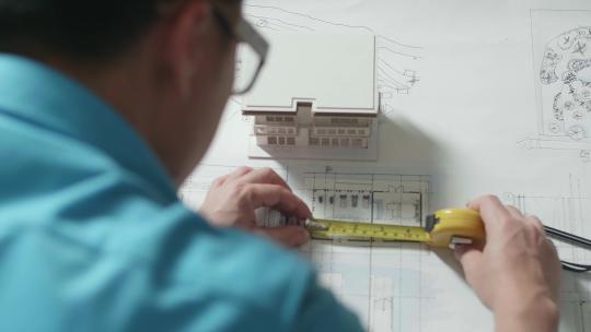 一个男人工程师在办公室测量蓝图的特写镜头，越过肩膀