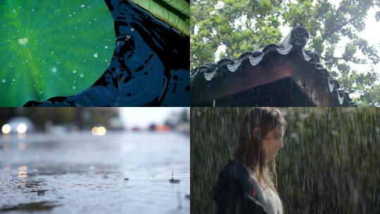 【合集】雨水落在地面树叶上淋雨的女人
