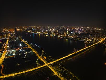 武汉高空广角夜景航拍延时摄影长江二桥