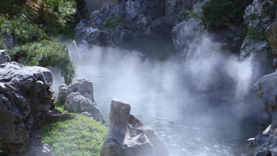传统中式园林公园内太湖石假山流水瀑布