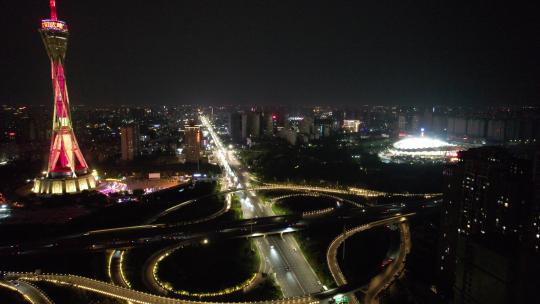 河南郑州航海立交桥夜景交通车流航拍