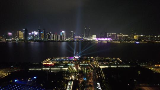 航拍浙江杭州市民广场城市阳台夜景